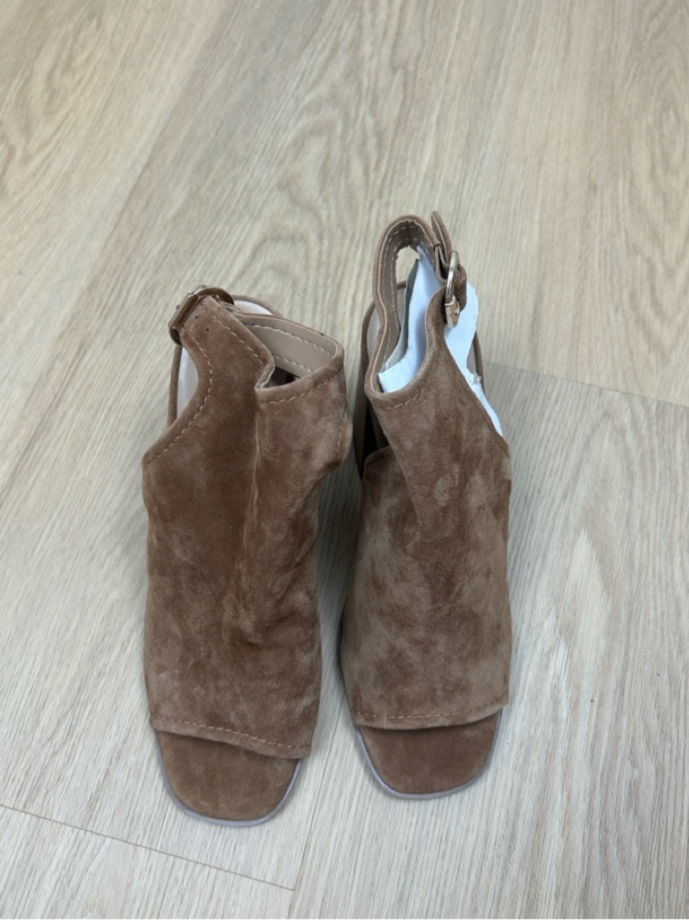 NWT Steve Madden Tan Suede Peep Toe Block Heel Sandals / Boots 9 - Picture 4 of 8